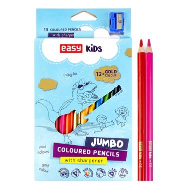 EASY Kids COLOUR JUMBO Trojhranné pastelky s ořezávatkem, 12 barev + zlatá