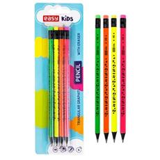 EASY Kids FLUO Sada grafitových trojhranných tužek s gumou, HB, 4 barvy