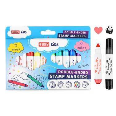 EASY Kids STAMP JUMBO Oboustranné fixy s razítkem, 12 barev/12 vzorů razítek