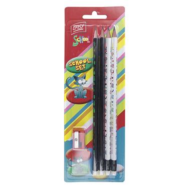 Set - 4 trojhranné tužky s gumou HB a ořezávátko
